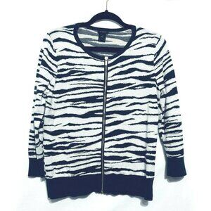 Ann Taylor Womens Medium Blue Animal Print Zip Up Cardigan Sweater  3/4 Sleeve